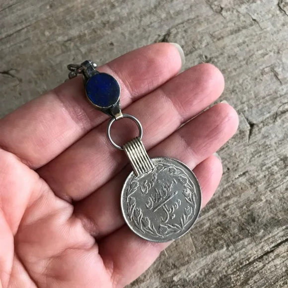 Rustic Lapis Lazuli Ethnic Coin Charm Necklace - 30 Inch Chain - Picture 11 of 12